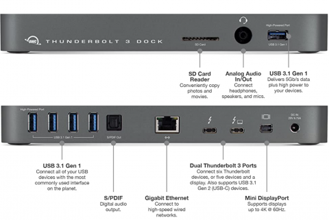 OWCTB3DK12PSL thundrbolt 3 dock 60瓦PD 双4k 单5k 千兆网卡 SD卡 银色12口