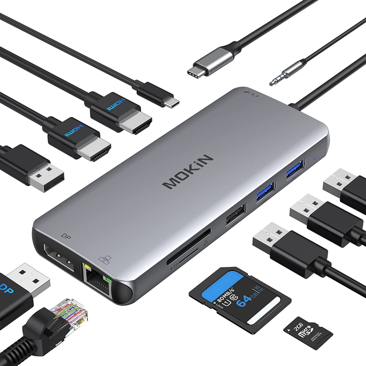 售完：便携式集线器扩展坞MOKIN mouc3303A 双HDMI DP 网卡多个USB SD卡PD 3.5mm win Mac USB C 扩展坞双显示器