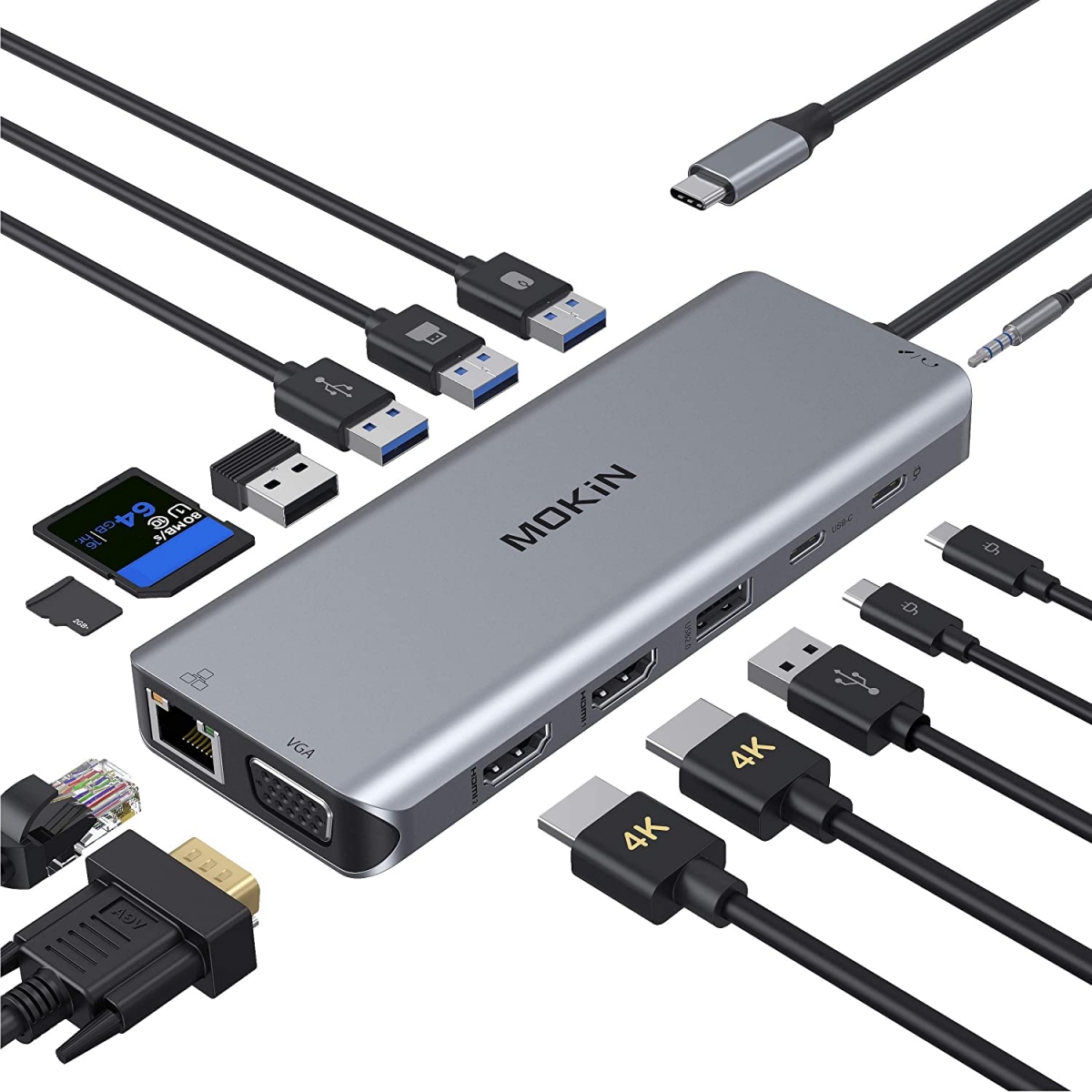 便携式集线器 MUC0218 扩展坞双HDMI DP 网卡多个USB SD卡带PD供电 双USB-C