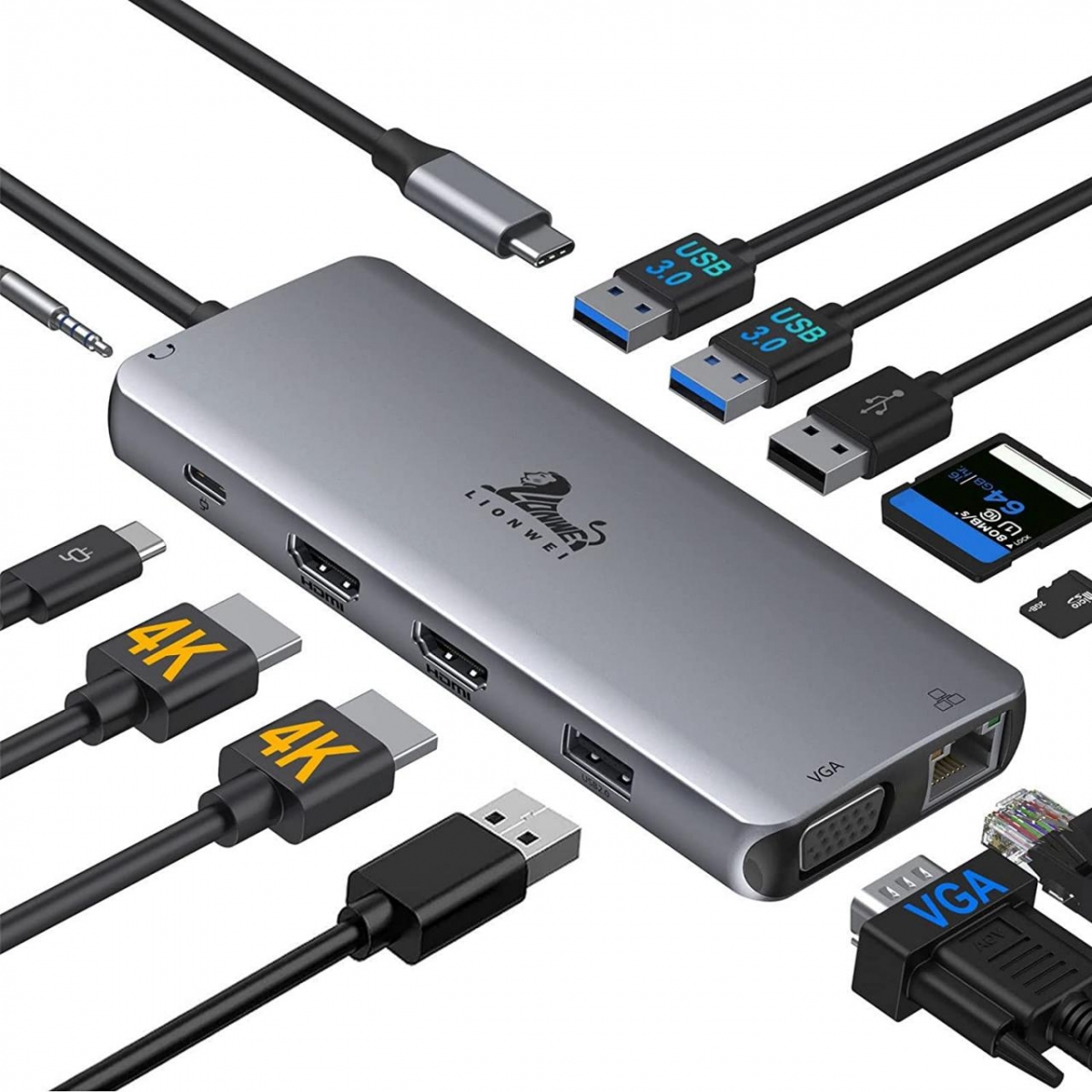 便携式12合1扩展坞USB-C转双HDMI VGA 千兆网卡 USB3.0 SD/TF卡PD