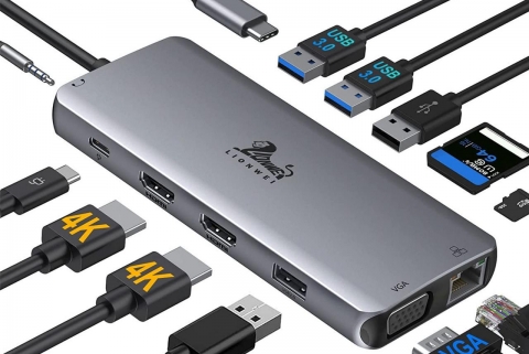 便携式12合1扩展坞USB-C转双HDMI VGA 千兆网卡 USB3.0 SD/TF卡PD