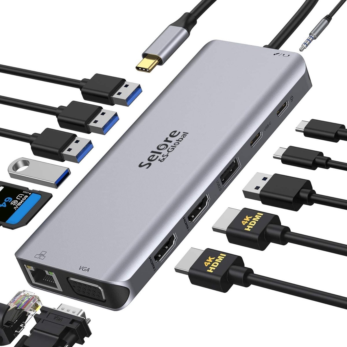 14合一便携式扩展坞支持PD供电 USB SD卡 HDMI VGA网卡支持多系统