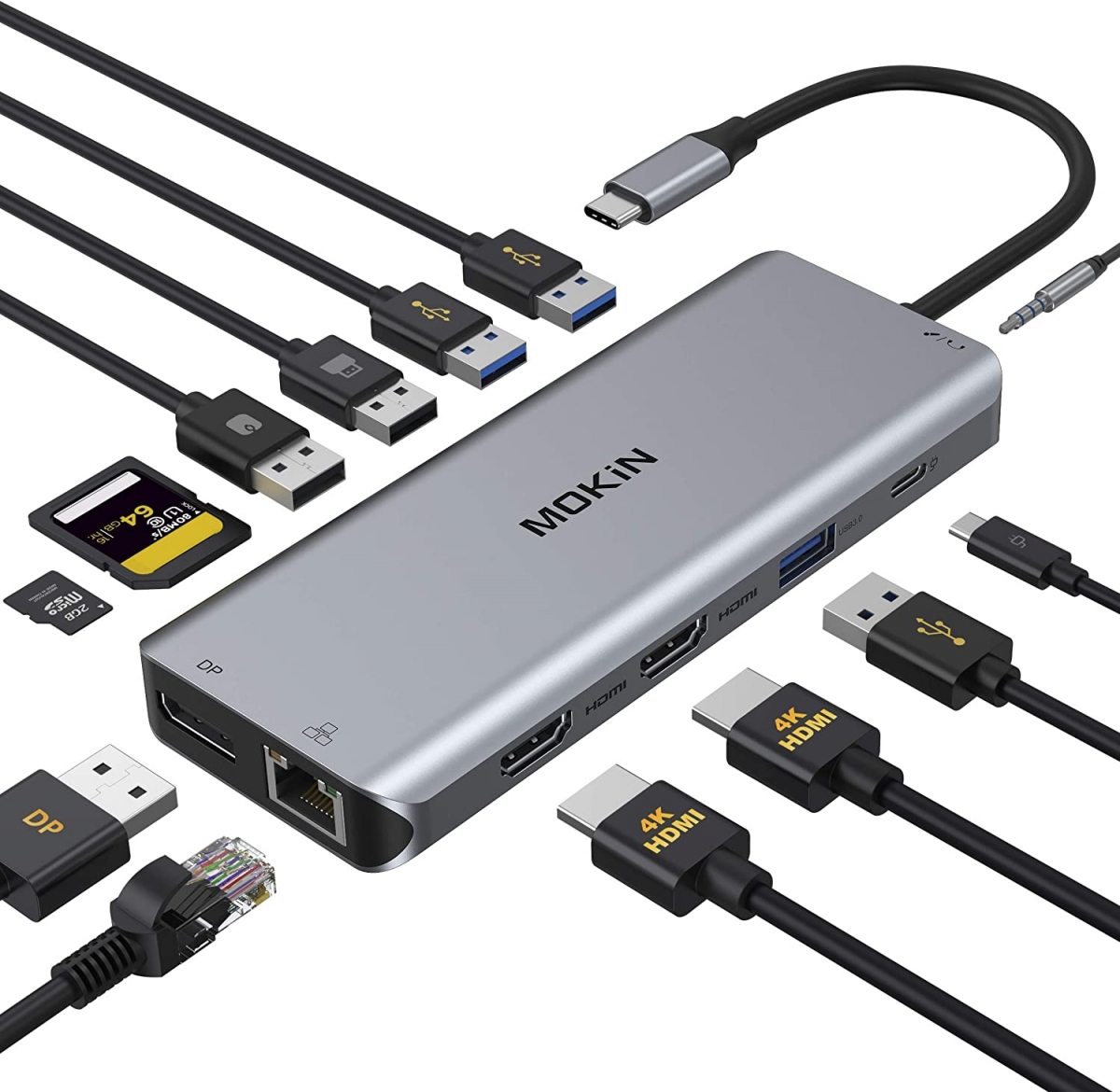 售完：便携式集线器扩展坞 MOKIN MOUC0219 双HDMI DP 网卡多个USB SD卡带PD供电 win Mac
